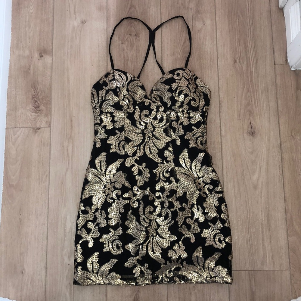 ANGL sequin bodycon dress black/ gold size M
